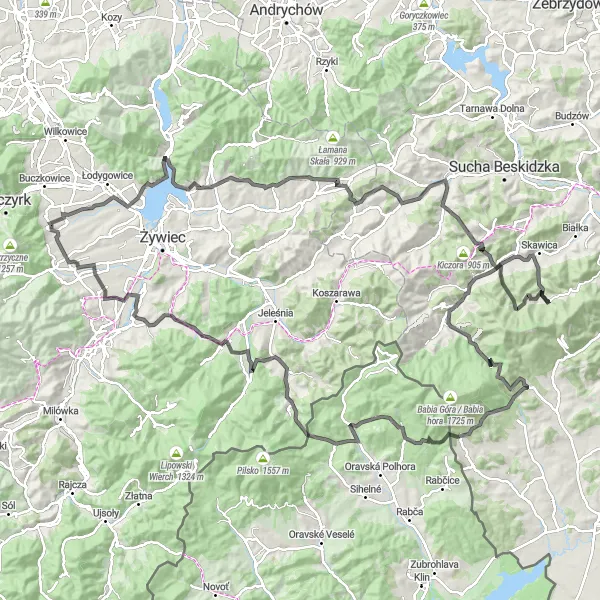 Map miniature of "Scenic Road Cycling in Żywieckie Lake Region" cycling inspiration in Śląskie, Poland. Generated by Tarmacs.app cycling route planner