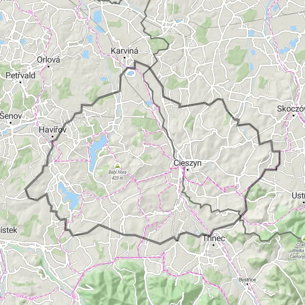 Miniatura mapy "Trasa przez Mołczyn, Dolní Tošanovice i Brzezówkę" - trasy rowerowej w Śląskie, Poland. Wygenerowane przez planer tras rowerowych Tarmacs.app