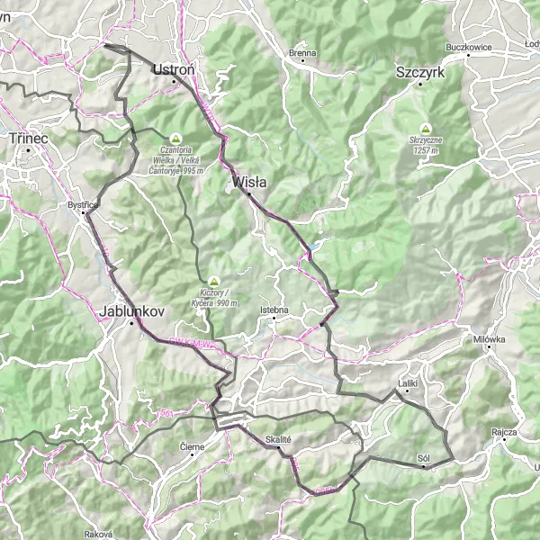 Miniatura mapy "Trasa Wisła-Radar Kontakt" - trasy rowerowej w Śląskie, Poland. Wygenerowane przez planer tras rowerowych Tarmacs.app