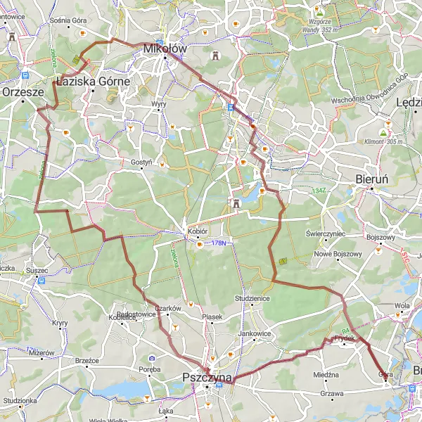 Miniatura mapy "Trasa w okolicach Góry - Gravel" - trasy rowerowej w Śląskie, Poland. Wygenerowane przez planer tras rowerowych Tarmacs.app