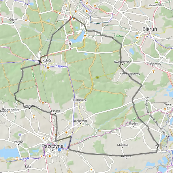 Miniatura mapy "Trasa szosowa przez Kobiór i Stachową Kępę" - trasy rowerowej w Śląskie, Poland. Wygenerowane przez planer tras rowerowych Tarmacs.app