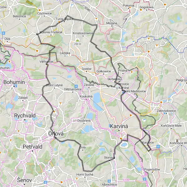 Map miniature of "The Road Less Traveled: Discovering Stonava" cycling inspiration in Śląskie, Poland. Generated by Tarmacs.app cycling route planner