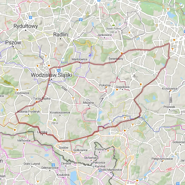 Map miniature of "Rural Gravel Journey" cycling inspiration in Śląskie, Poland. Generated by Tarmacs.app cycling route planner