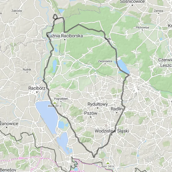 Map miniature of "Undulating Terrains and Charming Villages" cycling inspiration in Śląskie, Poland. Generated by Tarmacs.app cycling route planner