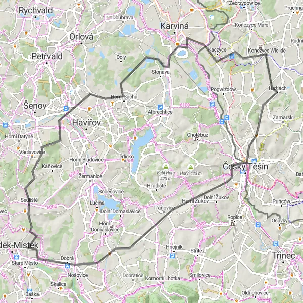 Map miniature of "Cieszyn Heritage Ride" cycling inspiration in Śląskie, Poland. Generated by Tarmacs.app cycling route planner