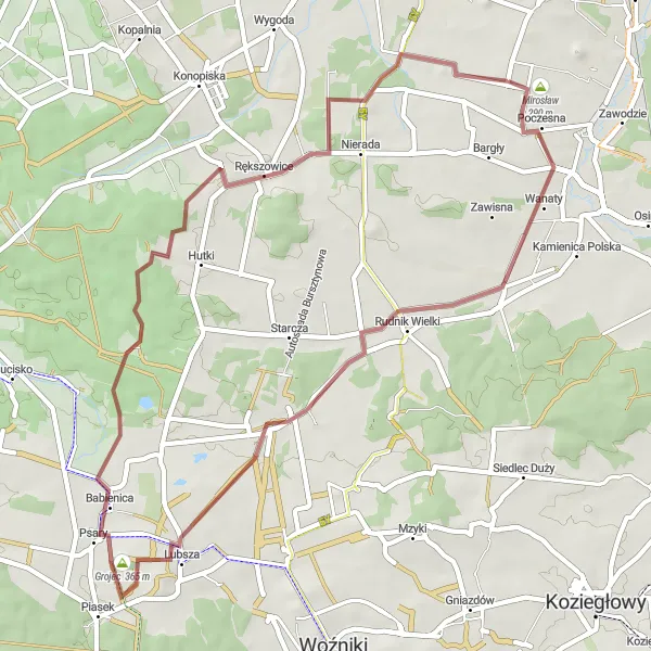 Map miniature of "The Gravel Ride Around Huta Stara B" cycling inspiration in Śląskie, Poland. Generated by Tarmacs.app cycling route planner