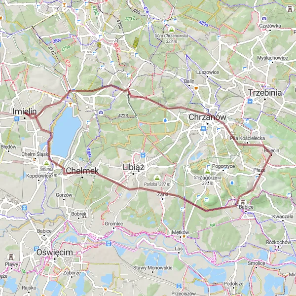 Map miniature of "Hills and History" cycling inspiration in Śląskie, Poland. Generated by Tarmacs.app cycling route planner