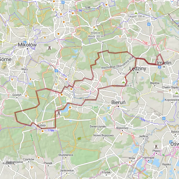 Map miniature of "Imielin to Lędziny round trip" cycling inspiration in Śląskie, Poland. Generated by Tarmacs.app cycling route planner