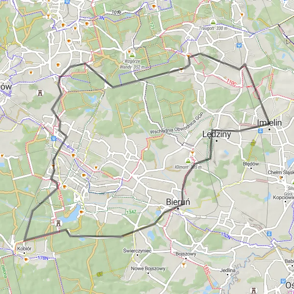 Map miniature of "Imielin to Lędziny round trip" cycling inspiration in Śląskie, Poland. Generated by Tarmacs.app cycling route planner