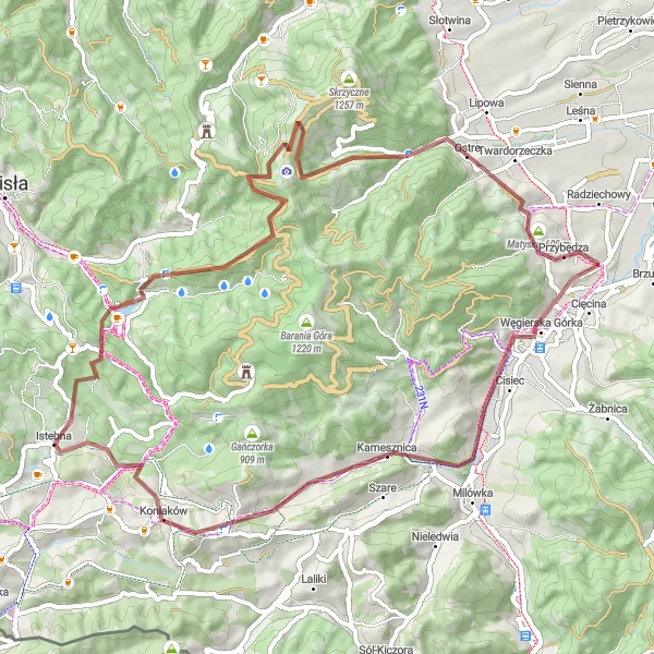 Map miniature of "Istebna - Gravel Adventure" cycling inspiration in Śląskie, Poland. Generated by Tarmacs.app cycling route planner