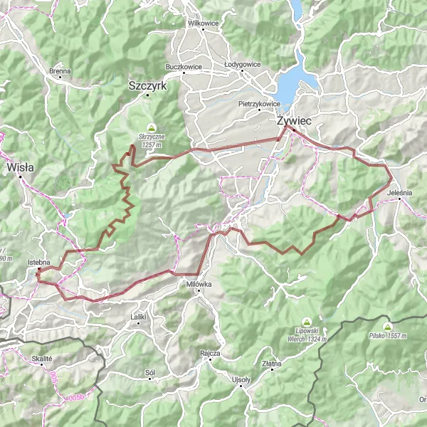 Map miniature of "Gravel Route to Żywiec" cycling inspiration in Śląskie, Poland. Generated by Tarmacs.app cycling route planner