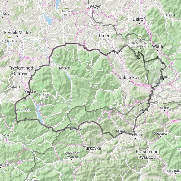 Map miniature of "Epic Mountainous Road Cycling Adventure" cycling inspiration in Śląskie, Poland. Generated by Tarmacs.app cycling route planner