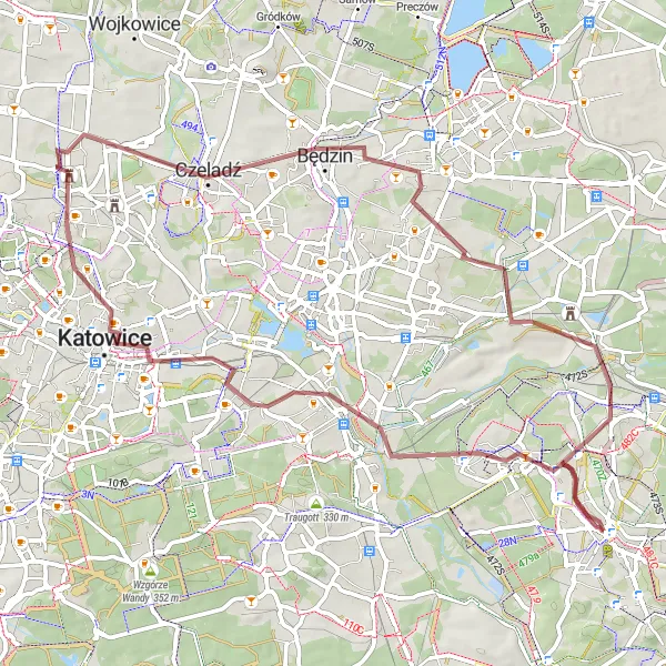 Miniatura mapy "Szlak Gravelowy Katowice-Jaworzno" - trasy rowerowej w Śląskie, Poland. Wygenerowane przez planer tras rowerowych Tarmacs.app