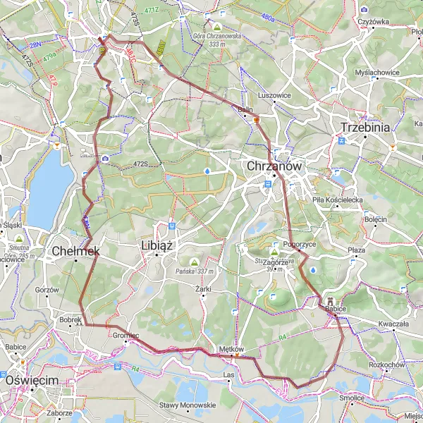 Map miniature of "Jaworzno Gravel Adventure" cycling inspiration in Śląskie, Poland. Generated by Tarmacs.app cycling route planner