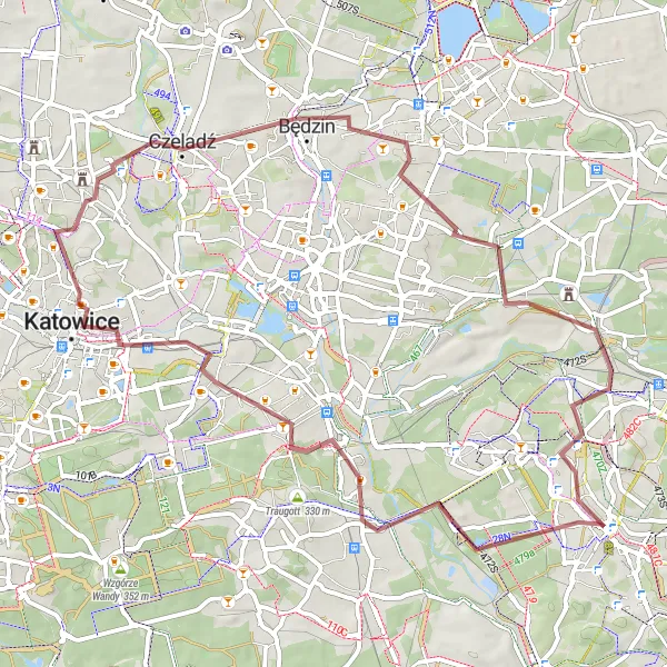 Map miniature of "Three Emperors' Loop" cycling inspiration in Śląskie, Poland. Generated by Tarmacs.app cycling route planner