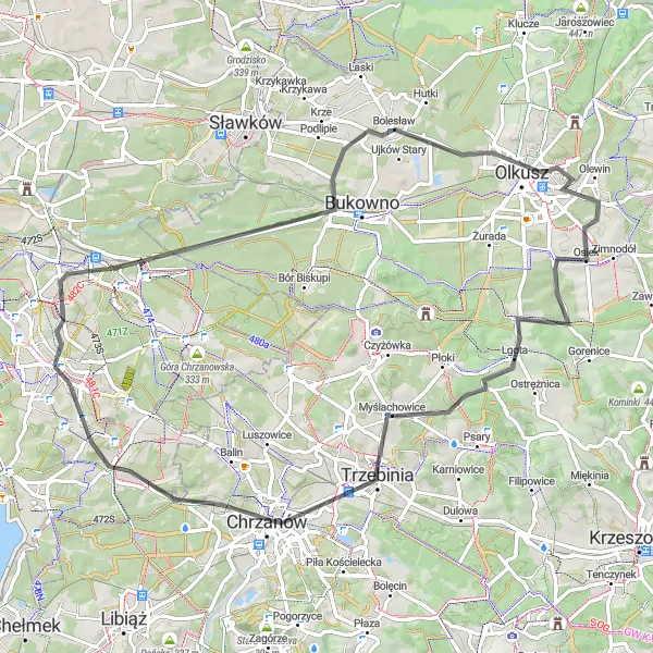 Map miniature of "The Olkusz Challenge" cycling inspiration in Śląskie, Poland. Generated by Tarmacs.app cycling route planner