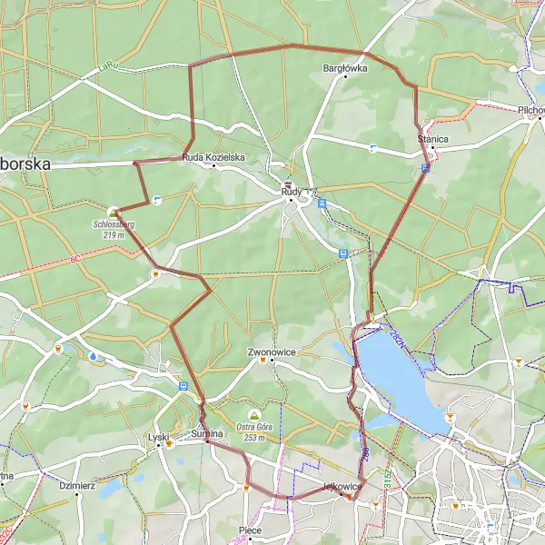 Map miniature of "Scenic Gravel Route" cycling inspiration in Śląskie, Poland. Generated by Tarmacs.app cycling route planner