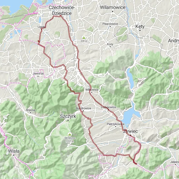 Map miniature of "Off-Road Exploration: Juszczyna Escapade" cycling inspiration in Śląskie, Poland. Generated by Tarmacs.app cycling route planner