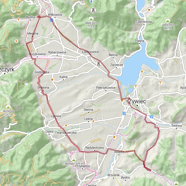 Map miniature of "Wisła River Gravel Route" cycling inspiration in Śląskie, Poland. Generated by Tarmacs.app cycling route planner