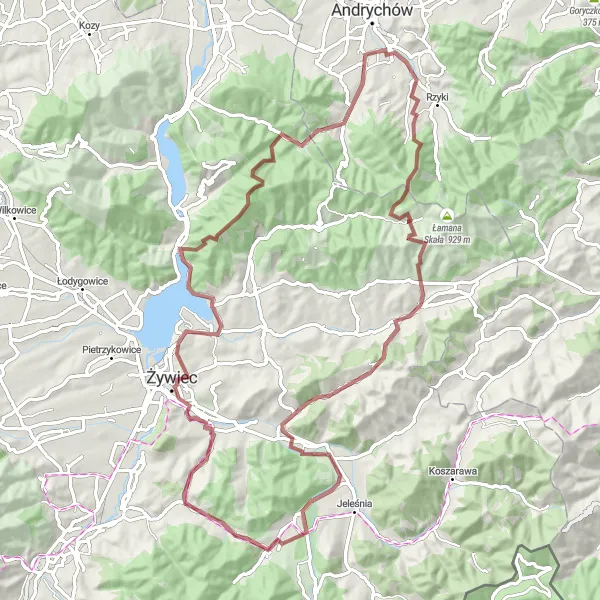 Map miniature of "Beskid Żywiecki Gravel Adventure" cycling inspiration in Śląskie, Poland. Generated by Tarmacs.app cycling route planner