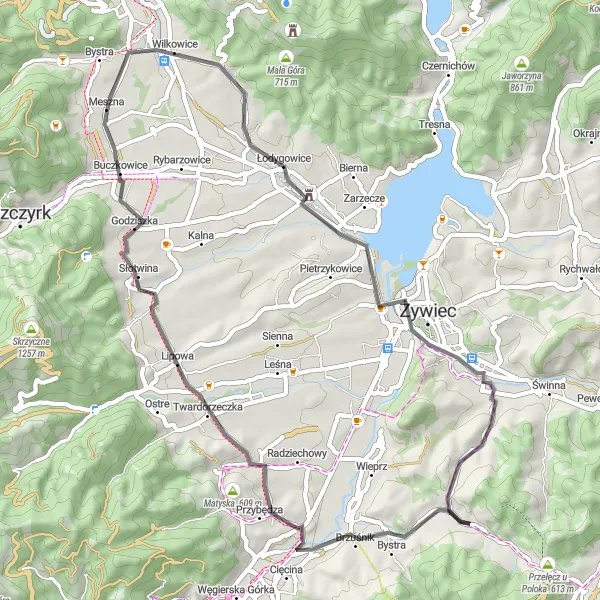 Map miniature of "Scenic Route: Juszczyna Delight" cycling inspiration in Śląskie, Poland. Generated by Tarmacs.app cycling route planner