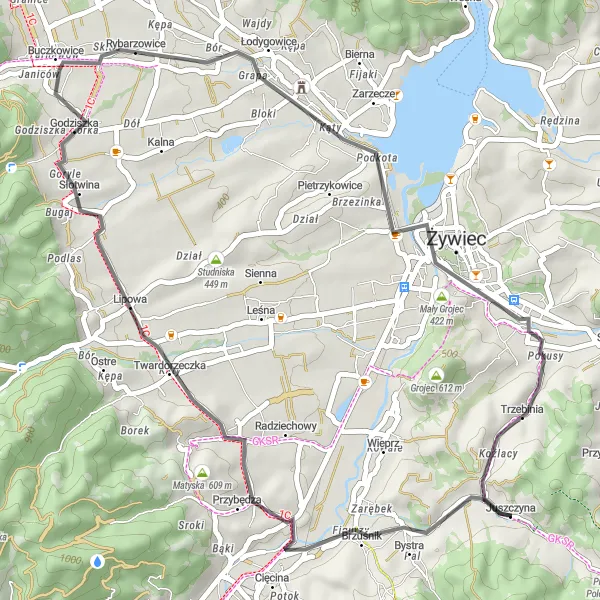Map miniature of "Zator Landmarks Loop" cycling inspiration in Śląskie, Poland. Generated by Tarmacs.app cycling route planner