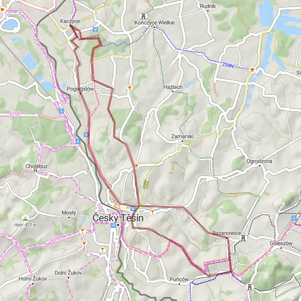 Map miniature of "Widok na Czeski Cieszyn to Brzezówka Gravel Route" cycling inspiration in Śląskie, Poland. Generated by Tarmacs.app cycling route planner