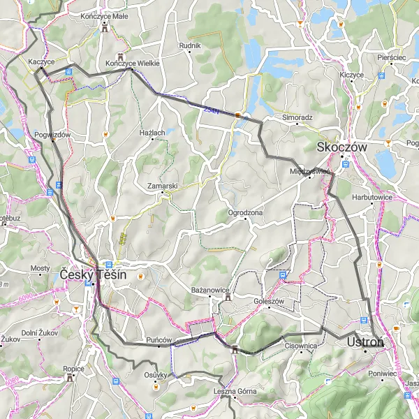 Map miniature of "Kończyce Wielkie to Czeski Těšín Cycling Route" cycling inspiration in Śląskie, Poland. Generated by Tarmacs.app cycling route planner