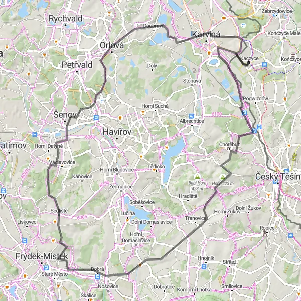 Map miniature of "Chotěbuz to Karviná Cycling Route" cycling inspiration in Śląskie, Poland. Generated by Tarmacs.app cycling route planner