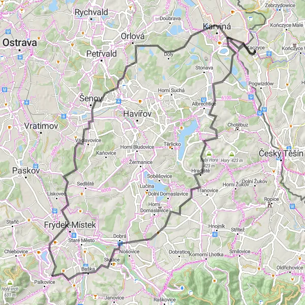 Map miniature of "Mountainous Escape" cycling inspiration in Śląskie, Poland. Generated by Tarmacs.app cycling route planner