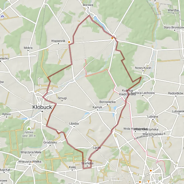 Miniatura mapy "Trasa gravelowa przez Pierzchno, Miedźno, Kuźnicę Kiedrzyńską i Lgotę" - trasy rowerowej w Śląskie, Poland. Wygenerowane przez planer tras rowerowych Tarmacs.app