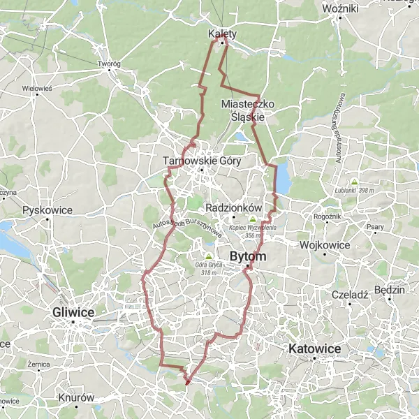 Map miniature of "Kalety to Tłuczykąt Gravel Route" cycling inspiration in Śląskie, Poland. Generated by Tarmacs.app cycling route planner