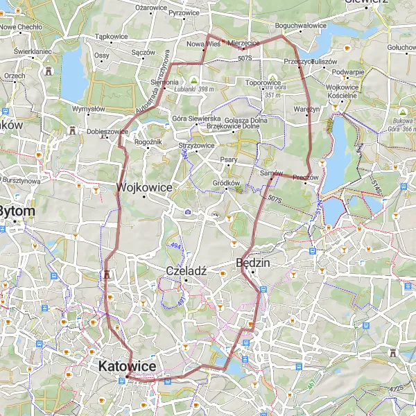 Map miniature of "Exploring the Outskirts" cycling inspiration in Śląskie, Poland. Generated by Tarmacs.app cycling route planner