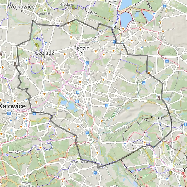 Map miniature of "Hills and Monuments" cycling inspiration in Śląskie, Poland. Generated by Tarmacs.app cycling route planner