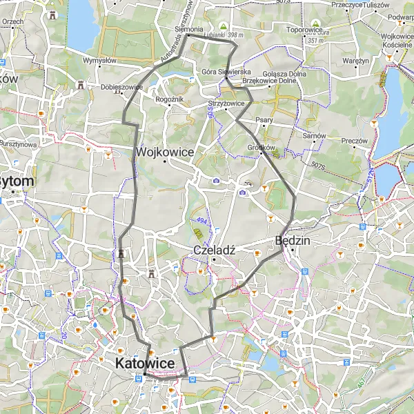 Map miniature of "Industrial Adventure" cycling inspiration in Śląskie, Poland. Generated by Tarmacs.app cycling route planner