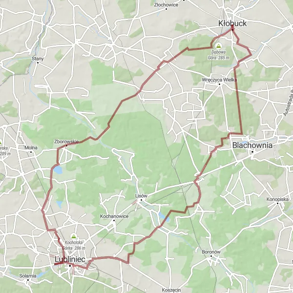 Map miniature of "Gravel Adventure through Grodzisko, Kalina, and Kłobuck" cycling inspiration in Śląskie, Poland. Generated by Tarmacs.app cycling route planner