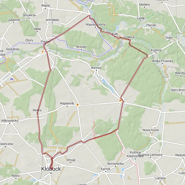 Map miniature of "Gravel route from Kłobuck to Mokra" cycling inspiration in Śląskie, Poland. Generated by Tarmacs.app cycling route planner