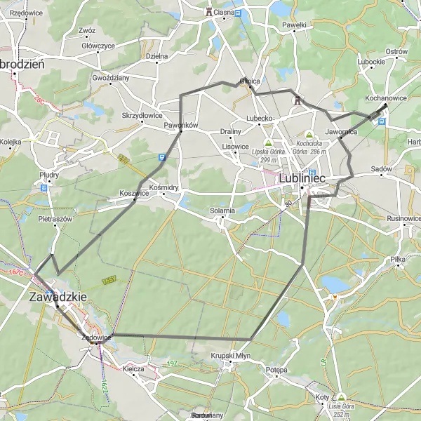 Miniatura mapy "Przejażdżka po malowniczych okolicach z Jawornicą i Kochcicami" - trasy rowerowej w Śląskie, Poland. Wygenerowane przez planer tras rowerowych Tarmacs.app