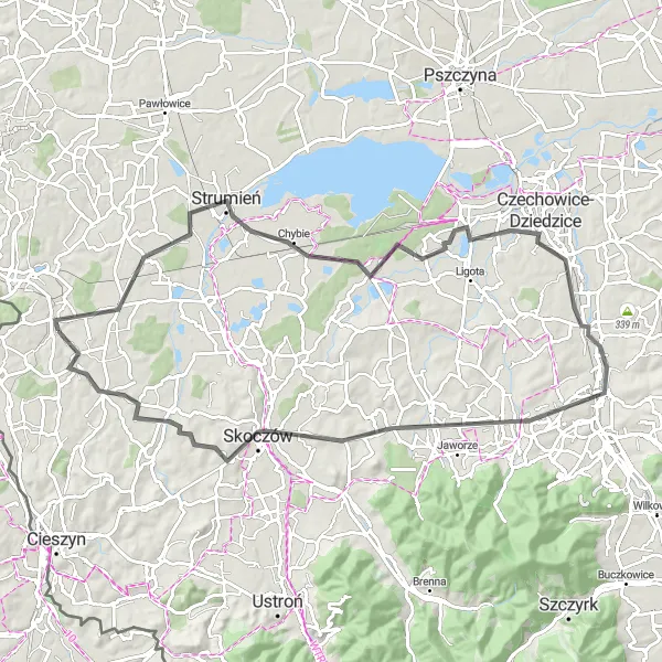 Map miniature of "The Route of Hills and Peaks" cycling inspiration in Śląskie, Poland. Generated by Tarmacs.app cycling route planner