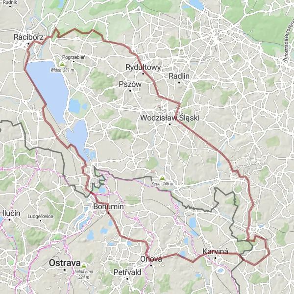 Miniatura mapy "Trasa gravelowa do Zebrzydowic przez Karvinę i Wodzisław Śląski" - trasy rowerowej w Śląskie, Poland. Wygenerowane przez planer tras rowerowych Tarmacs.app