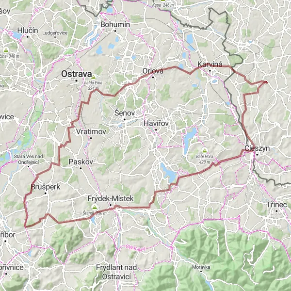 Miniatura mapy "Szlak gravelowy do Karviná" - trasy rowerowej w Śląskie, Poland. Wygenerowane przez planer tras rowerowych Tarmacs.app