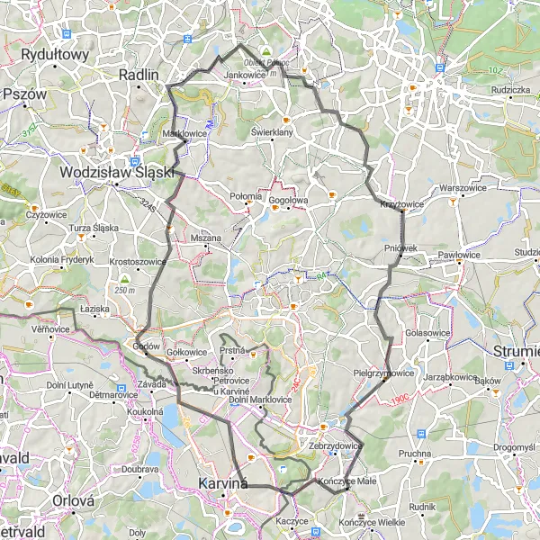 Miniatura mapy "Trasa z Godowa do Pielgrzymowic przez Marklowice i Krzyżowice" - trasy rowerowej w Śląskie, Poland. Wygenerowane przez planer tras rowerowych Tarmacs.app