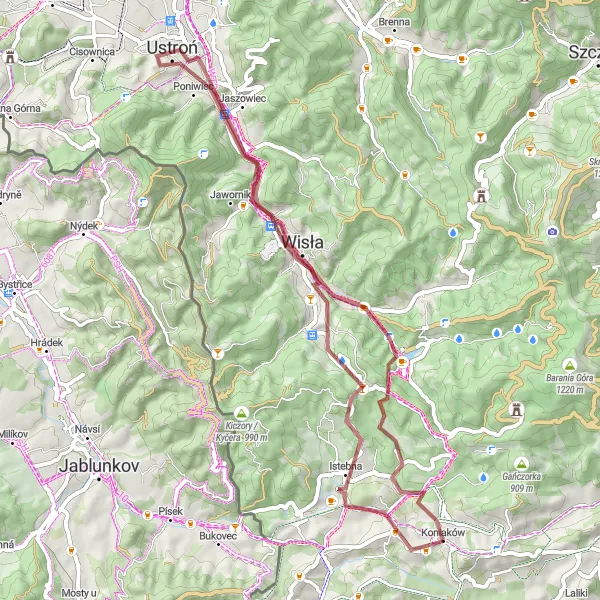 Map miniature of "Discover Ustroń Gravel Route" cycling inspiration in Śląskie, Poland. Generated by Tarmacs.app cycling route planner