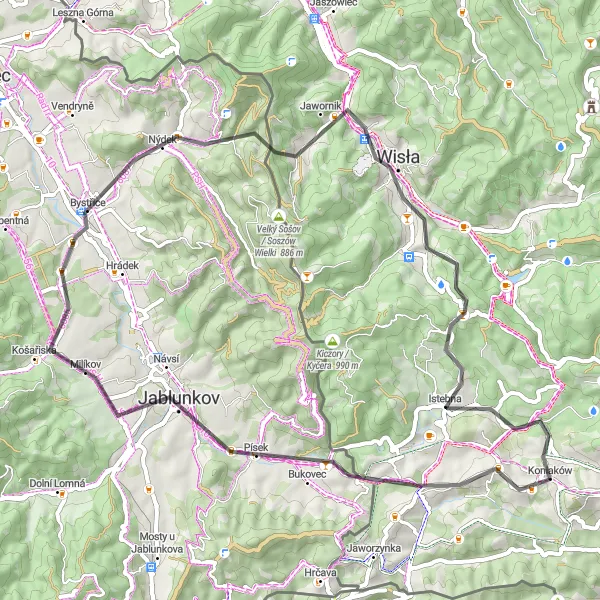 Map miniature of "Jablunkov Road Ride" cycling inspiration in Śląskie, Poland. Generated by Tarmacs.app cycling route planner