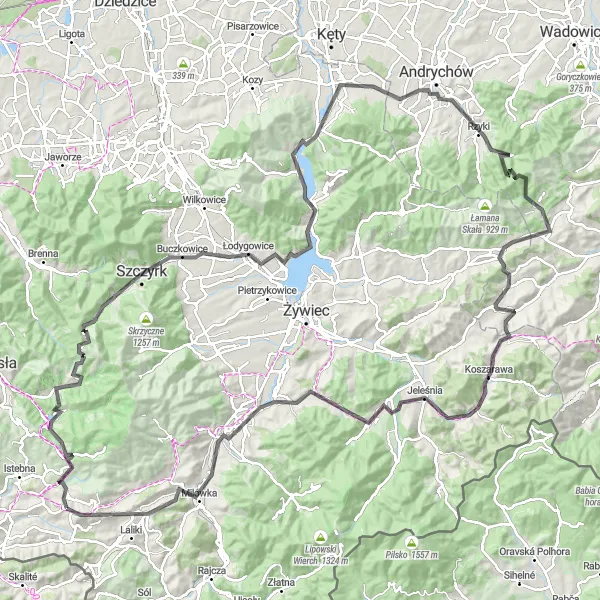 Map miniature of "Beskidy Adventure" cycling inspiration in Śląskie, Poland. Generated by Tarmacs.app cycling route planner