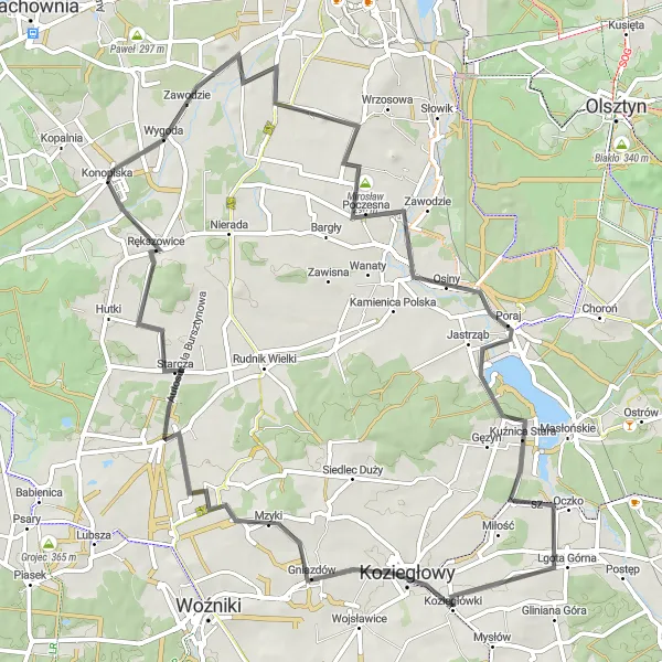 Miniatura mapy "Trasa do Koziegłów" - trasy rowerowej w Śląskie, Poland. Wygenerowane przez planer tras rowerowych Tarmacs.app