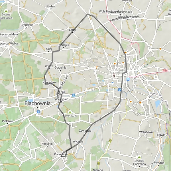 Map miniature of "Through Wyrazów and Kalej" cycling inspiration in Śląskie, Poland. Generated by Tarmacs.app cycling route planner