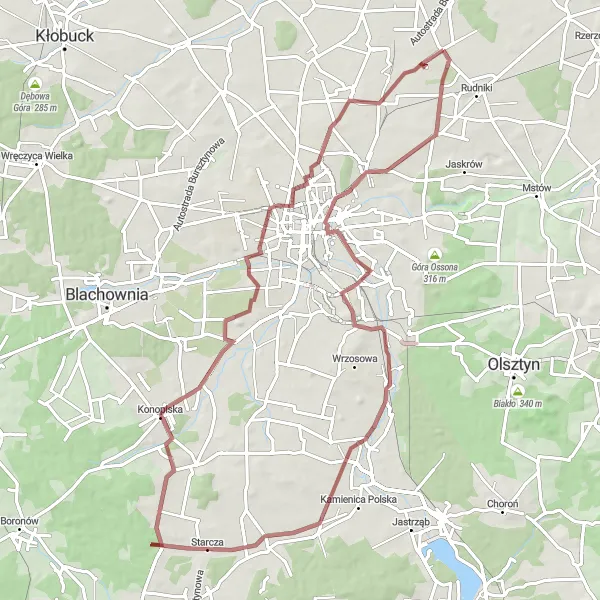 Map miniature of "Kościelce to Wyczerpy-Aniołów" cycling inspiration in Śląskie, Poland. Generated by Tarmacs.app cycling route planner