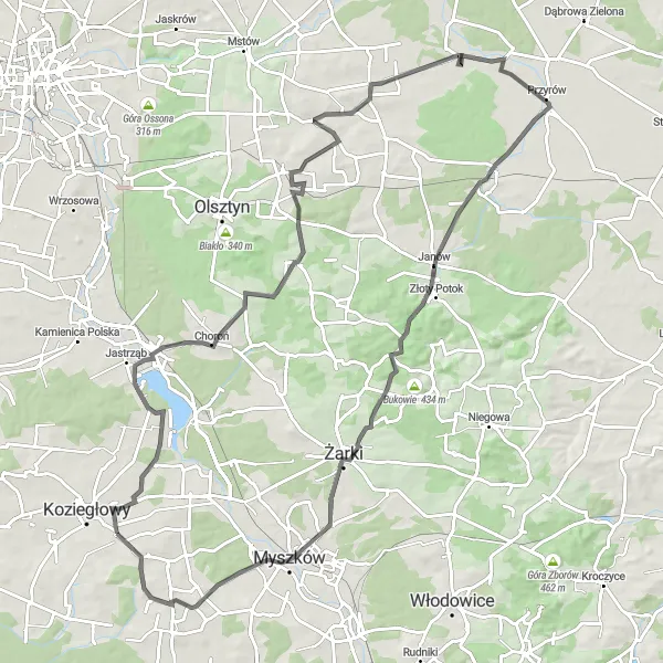 Map miniature of "Koziegłowy - Mysłów Loop" cycling inspiration in Śląskie, Poland. Generated by Tarmacs.app cycling route planner