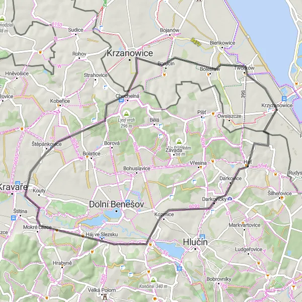 Map miniature of "Hať and Krzanowice Loop" cycling inspiration in Śląskie, Poland. Generated by Tarmacs.app cycling route planner